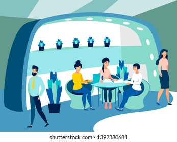 Office of the future. Fantasy, the interior of the workplace. Employees are working on the project. In minimalist style Cartoon flat Vector Illustration
