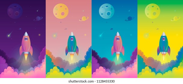 Office future rocket launch banner horizontal concept. Cartoon illustration of office future rocket launch banner vertical vector concept for web or mobile game.