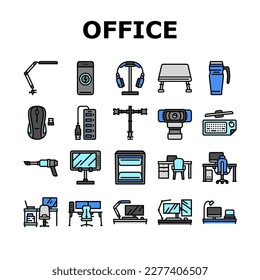 office gadget computer business icons set vector. laptop design, device technology, work tablet, graphic phone, mobile monitor, web office gadget computer business color line illustrations