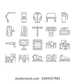 office gadget computer business icons set vector. laptop design, device technology, work tablet, graphic phone, mobile monitor, web office gadget computer business black contour illustrations