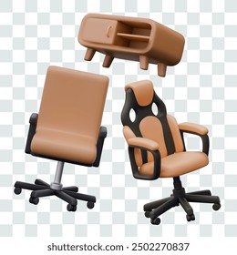 Office and gaming chair, low bookcase. Set of vector realistic furniture
