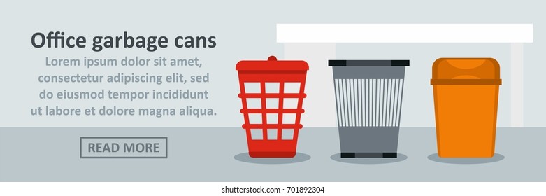 Office garbage cans banner horizontal concept. Flat illustration of office garbage cans banner horizontal vector concept for web