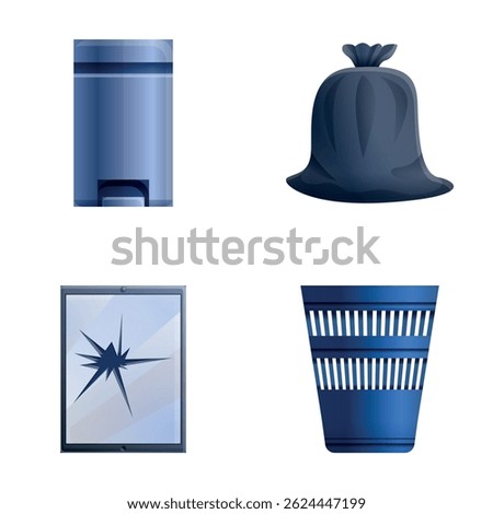 Office garbage icons set cartoon vector. Damaged device and trash can. Ecology, environmental care