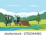 office gathering camping together in the forest. office Gathering concept. colored flat vector illustration isolated