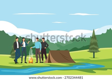 office gathering camping together in the forest. office Gathering concept. colored flat vector illustration isolated