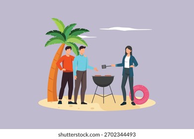 oficina reuniéndose en la playa mientras asan juntos. oficina Concepto de reunión. Ilustración vectorial plana de color aislada
