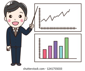 Office gentleman is explaining and guiding about graph of circulation, stock exchange.He tell about development marketing. This can use for advertising, poster and decorate your blog or website.