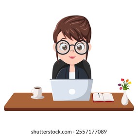 Office girl cartoon working on laptop 