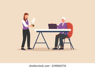 Office girl deliver a cup of coffee for the boss. Cleaning service concept. Colored flat graphic vector illustration isolated.