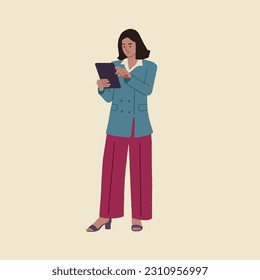 Office girl full-size editable vector illustration working on a tablet 
