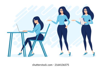 An office girl with glasses is sitting at her laptop, standing with a list. Three poses for presentations.