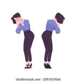 Office girl, modern woman, crying in grief. Beautiful female secretary business lady, manager in formal clothes. Vector flat style cartoon illustration isolated on white background, front, rear view