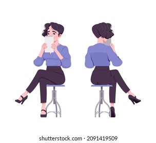 Office girl, modern woman sitting, covering face with notebook. Female secretary business lady, manager formal clothes. Vector flat style cartoon illustration isolated, white background, front, rear