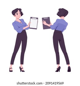 Chica de oficina, mujer moderna con el portapapeles vacío. Hermosa secretaria mujer de negocios, ropa formal. Ilustración de dibujos animados de estilo plano vectorial aislados en fondo blanco, vista frontal, trasera