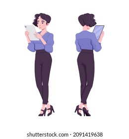 Office girl, modern woman standing with tablet. Beautiful female secretary business lady, manager in formal clothes. Vector flat style cartoon illustration isolated, white background, front, rear view