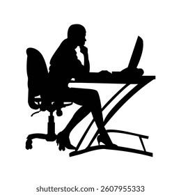 Office Girl in Sitting at Desk in Black Silhouett