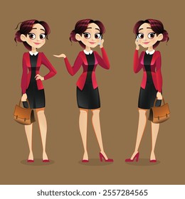 Office Girl standing poses with Brown Bag and calling vector Background.