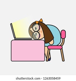 Office girl tried of working online cartoon vector illustration.Cute unhappy sleepy long hair woman nap on table with laptop.Work from home for protecting Corona virus outbreak concept.