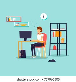 Office, girl working at the computer, business lady, secretary. Flat design vector illustration.