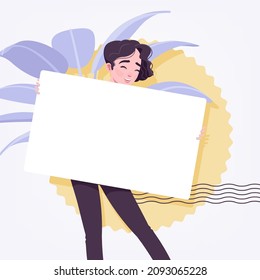 Office Girl, Young Happy Secretary With Empty White Board. Beautiful Modern Female Social Media Profile Picture, Business Portrait. Vector Flat Style Creative Illustration, Abstract Art Background