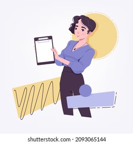 Office Girl, Young Secretary Or Businesswoman With Empty Clipboard. Beautiful Female Social Media Profile Picture, Business Portrait. Vector Flat Style Creative Illustration, Abstract Art Background