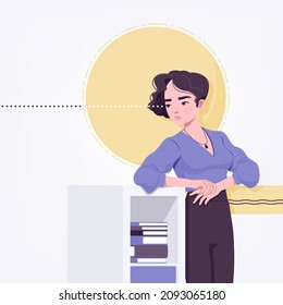 Office girl young secretary, businesswoman sadly leaning against bookcase. Modern female social media profile picture business portrait. Vector flat style creative illustration abstract art background