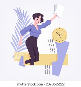 Office girl, young secretary, businesswoman jumping with joy. Beautiful modern female social media profile picture business portrait. Vector flat style creative illustration abstract art background