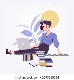 Office girl, young secretary, businesswoman sitting at floor with laptop. Modern female social media profile picture, business portrait. Vector flat style creative illustration abstract art background