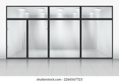 Büroglastüren. Fenster speichern. Vordere Wand. Vitrine des Handelsgeschäfts. Vorraum. Display für den Einzelhandel. 3D-Zimmereinrichtung. Boutique-Vorplatz. Vektorrealistischer neoterer Hintergrund