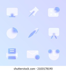 office glass morphism trendy style icon set  office transparent glass color vector icons and blur   purple gradient  for web   ui design  mobile apps   promo business polygraphy