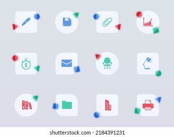 office glass morphism trendy style icons. office transparent glass color vector icon with color figures. for web and ui design, mobile apps and promo business advertising