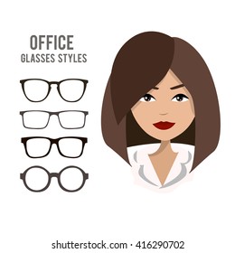 Office glasses styles vector template with an office woman character design. Beautiful girl wearing official clothes and hair style, a model for trying on glasses