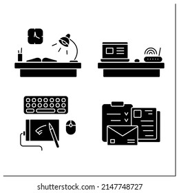 Office glyph icons set. Workplace with devices. Work atmosphere. Laptop, keyboard. Work concept. Filled flat signs. Isolated silhouette vector illustrations