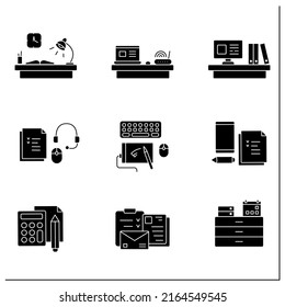 Office glyph icons set. Workplace with devices. Work atmosphere. Laptop, keyboard, headset. Work concept. Filled flat signs. Isolated silhouette vector illustrations