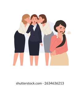 Conceito de fofoca do escritório. Três mulheres fofocam no escritório, enquanto outra mulher nas proximidades suspira de frustração. ilustração vetorial