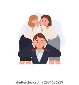 conceito de fofoca de escritório. Três mulheres em um escritório, duas fofocando enquanto uma bloqueia os ouvidos frustrada. ilustração vetorial