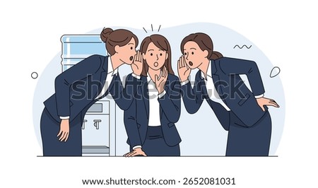 Office gossip spreading rumors between colleagues secretly whispering information damaging reputations