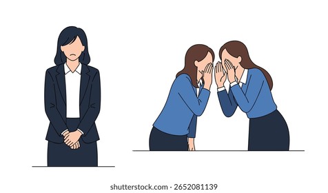 Office gossip spreading secrets among colleagues while one person stands alone