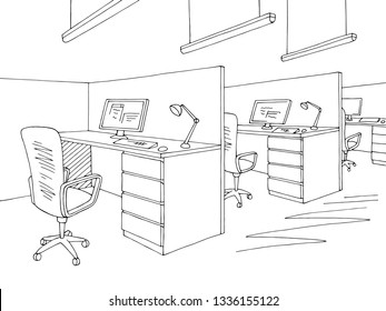 Office Graphic Black White Interior Sketch Illustration Vector