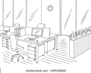 Office Graphic Black White Interior Sketch Illustration Vector