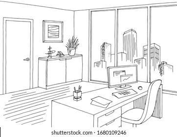 Office Graphic Black White Interior Sketch Illustration Vector