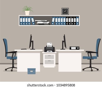Office in a gray color. Workplace for two office workers with white furniture and blue chairs. There is also a printer in the picture and a shelf with folders, office supplies on the wall. Vector