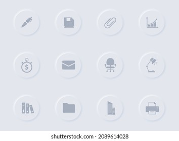 office gray vector icons on round rubber buttons. office icon set for web, mobile apps, ui design and promo business polygraphy