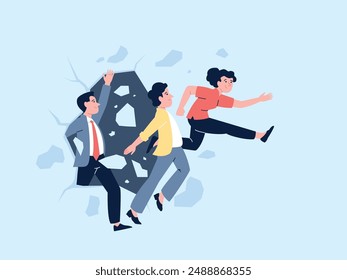 Office group breaking wall. Colleagues open new horizonts together. New employees fresh minds are breaking into business, start up recent vector concept
