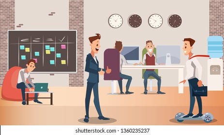 Office Group of Creative People Work Together. Modern Device in Coworking Center Laptop, Hover Board. Coworker in Casual and Formal Wear in Open Space Interior. Flat Cartoon Vector Illustration