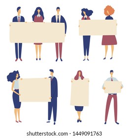 office group of diverse people holding banner. Isolated on white.Set of Businessman character design.