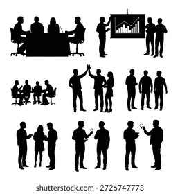Silhuetas de interação de grupo de escritório, apresentação de análise de dados, alta cinco comemoração, coleção de reuniões executivas