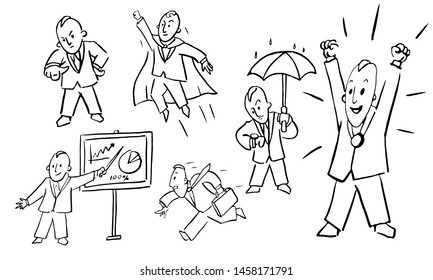 Office guy. Funny sketch. Vector illustration. Set from various emotional positions. Worker, superhero, coach, winner, late, angry, boss