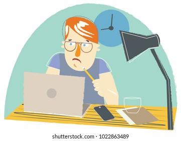 Office guy sitting in front of the computer brainstorming