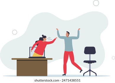 office guy working at home conference meeting with teammate girl come off computer laptop display.flat vector illustration.